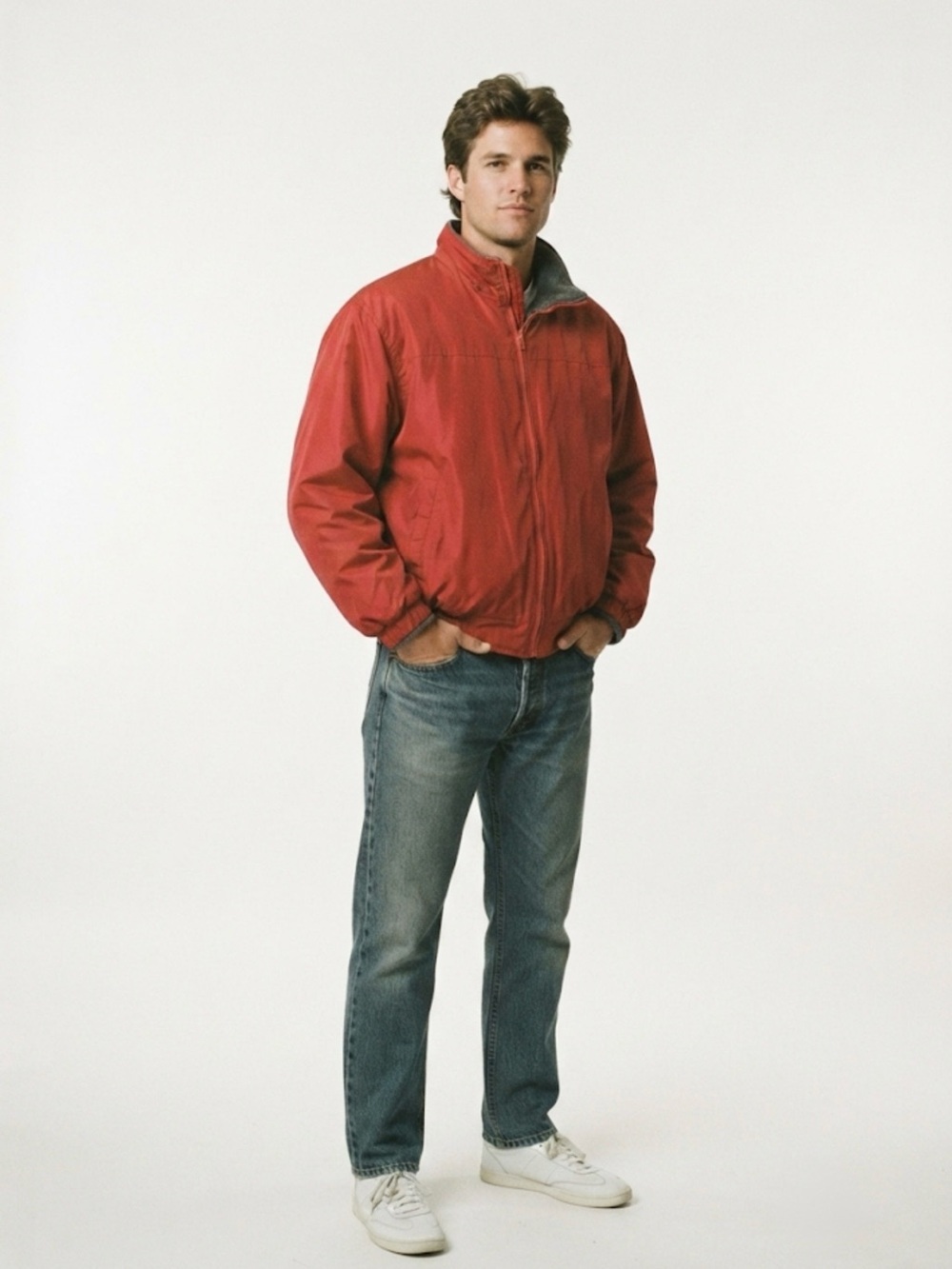 CHAPS Bomber Jacket Large Windbreaker Full Zip Red Gray Fleece Lined
